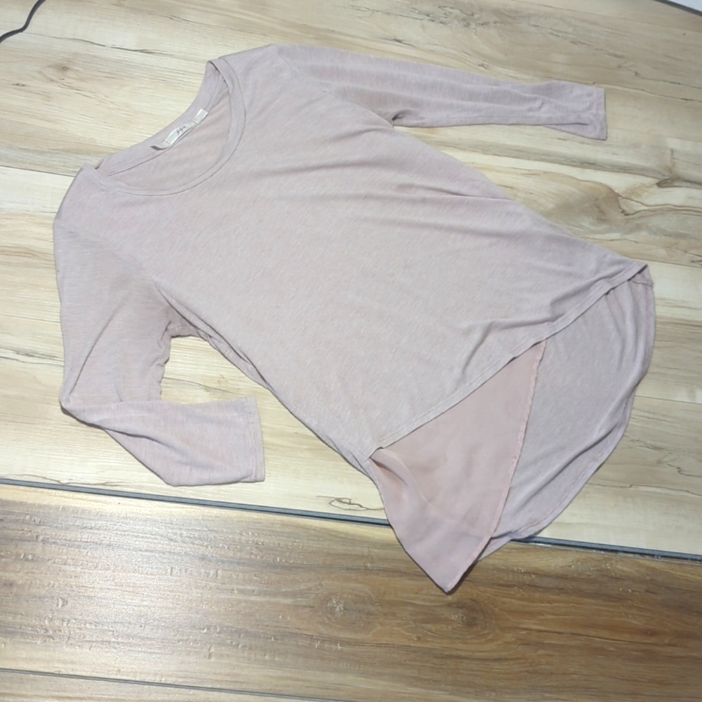 Ladies small blush pink top with peek a boo chiffon detail